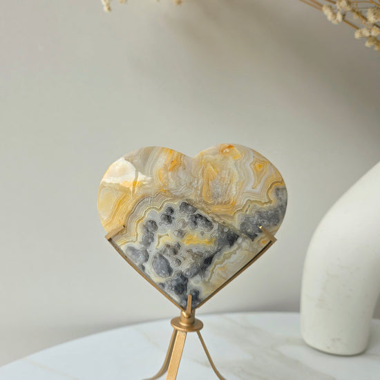 Yellow Crazy Lace Agate Crystal Heart on Stand Mexico High Quality - Crystals and Me | Crystal Candles and Ethically Sourced Crystals
