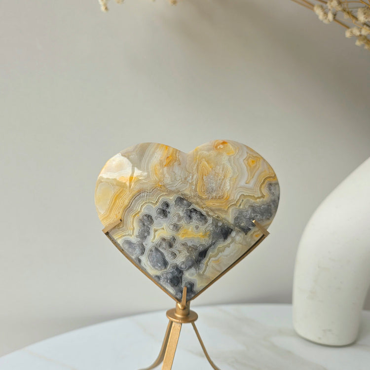 Yellow Crazy Lace Agate Crystal Heart on Stand Mexico High Quality - Crystals and Me | Crystal Candles and Ethically Sourced Crystals