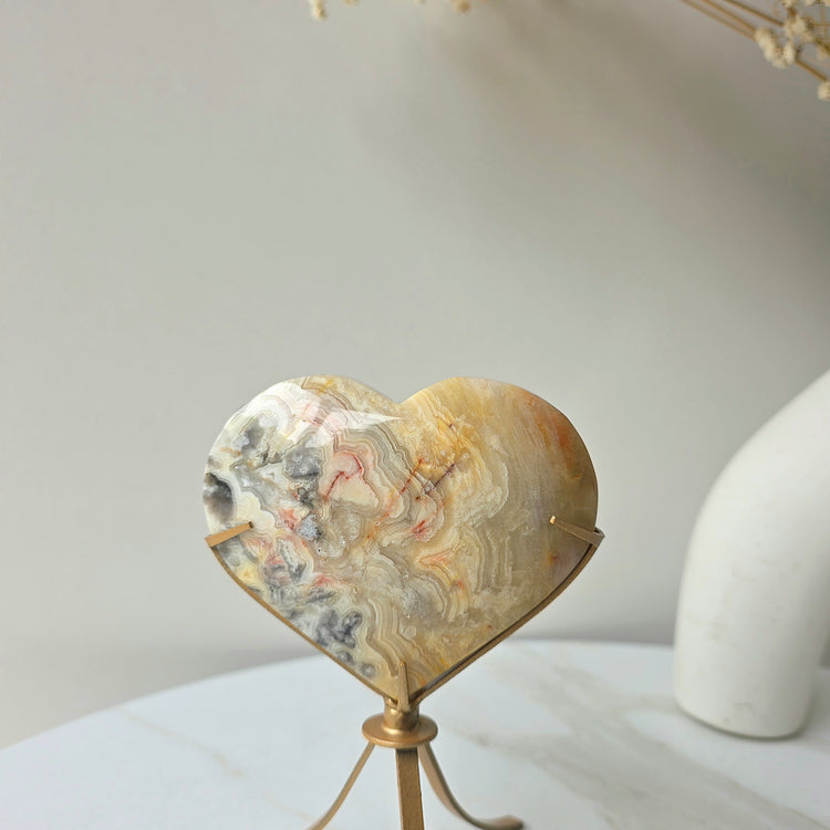 Yellow Crazy Lace Agate Crystal Heart on Stand Mexico High Quality - Crystals and Me | Crystal Candles and Ethically Sourced Crystals