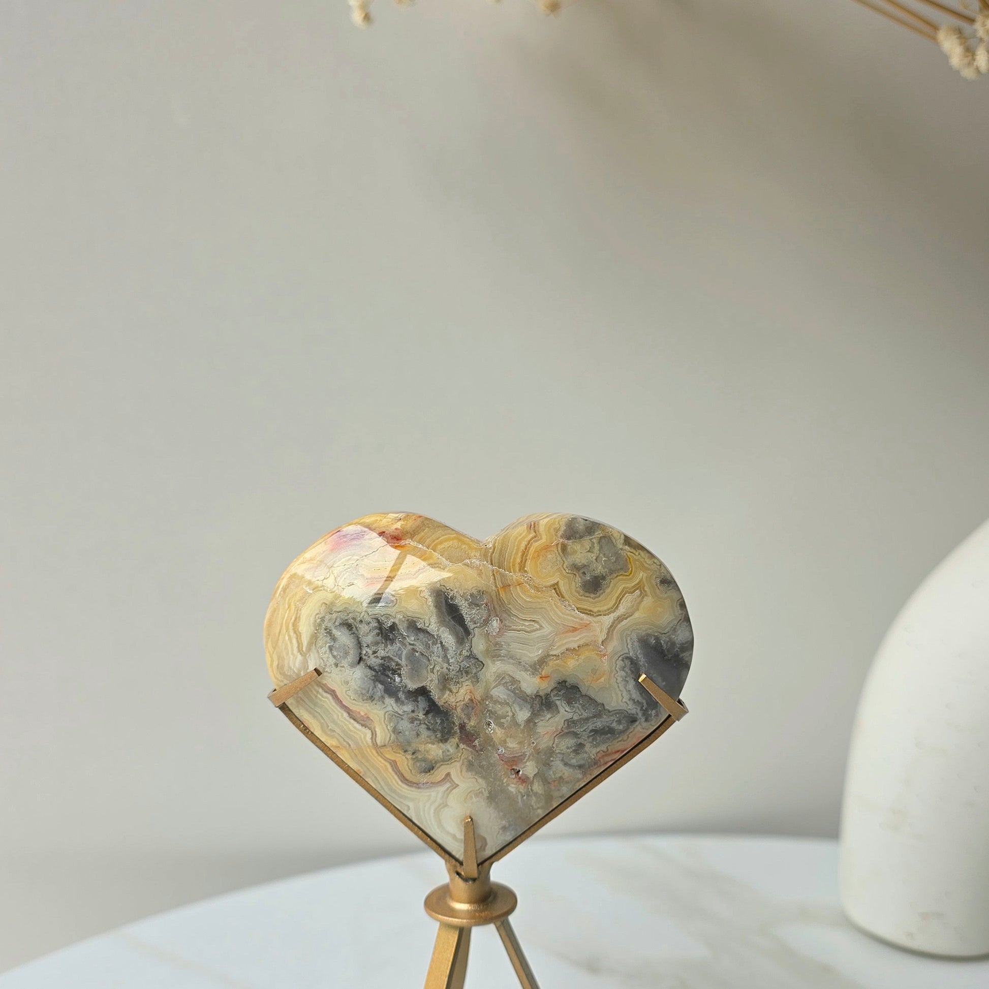 Yellow Crazy Lace Agate Crystal Heart on Stand Mexico High Quality - Crystals and Me | Crystal Candles and Ethically Sourced Crystals