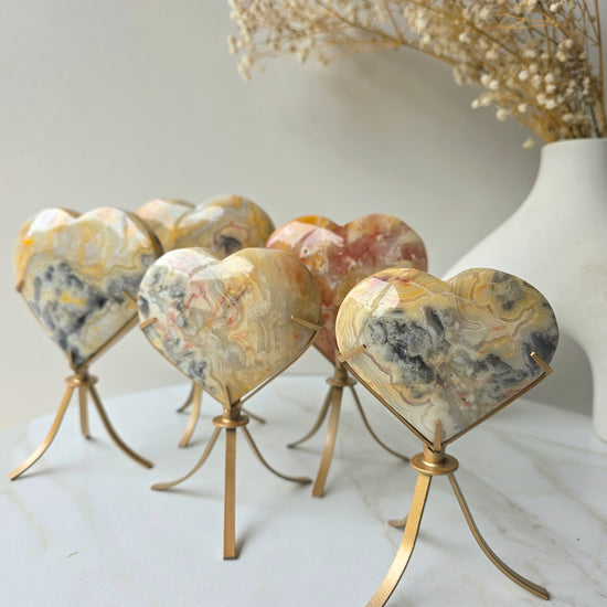 Yellow Crazy Lace Agate Crystal Heart on Stand Mexico High Quality - Crystals and Me | Crystal Candles and Ethically Sourced Crystals