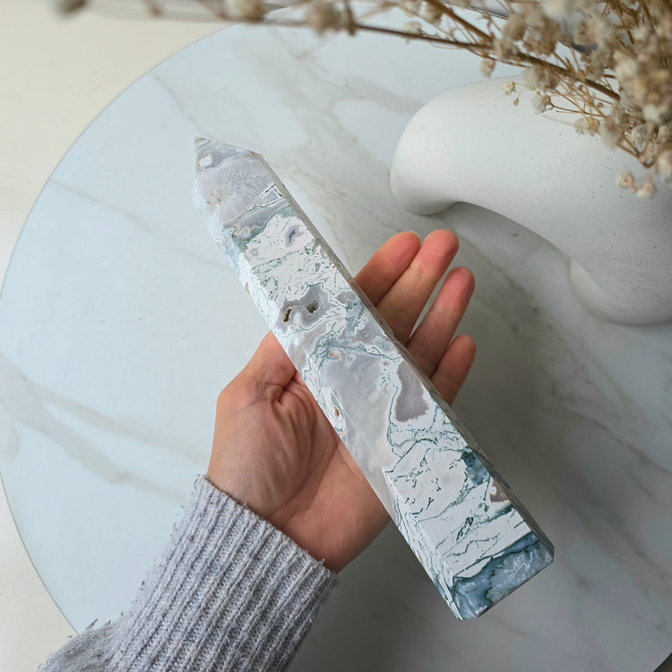 Moss Agate Crystal Tower Point Obelisk Brazil - Crystals and Me | Crystal Candles and Ethically Sourced Crystals