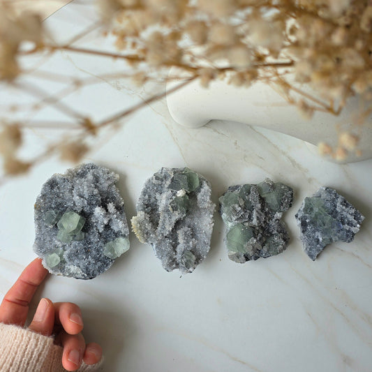 Green Fluorite Crystal Cubes on Calcite Crystal Matrix