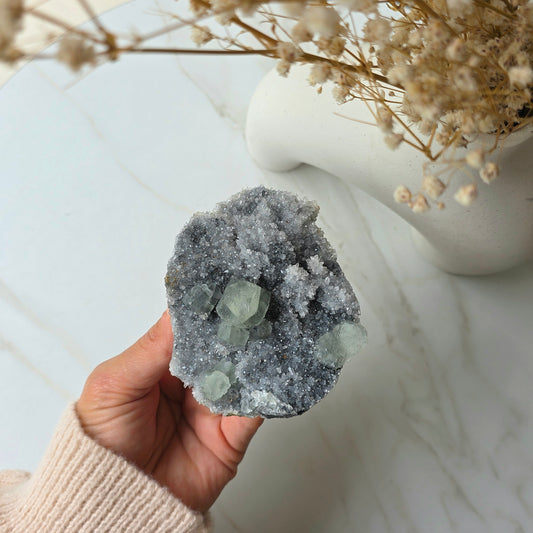 Green Fluorite Crystal Cubes on Calcite Crystal Matrix