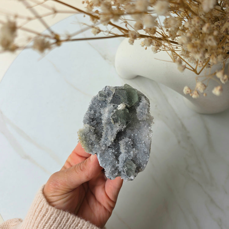 Green Fluorite Crystal Cubes on Calcite Crystal Matrix