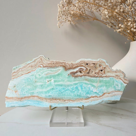 Caribbean Calcite Crystal Slab Slice on Stand High Quality Pakistan