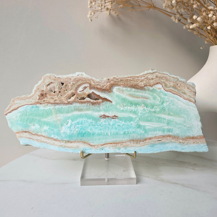 Caribbean Calcite Crystal Slab Slice on Stand High Quality Pakistan - Crystals and Me | Crystal Candles and Ethically Sourced Crystals