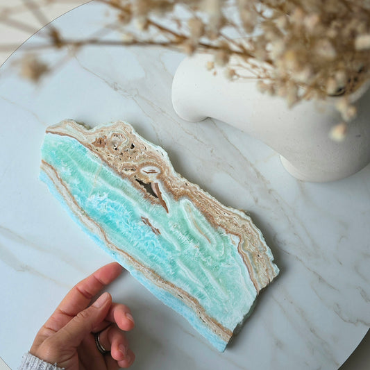 Caribbean Calcite Crystal Slab Slice on Stand High Quality Pakistan