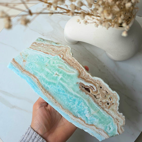 Caribbean Calcite Crystal Slab Slice on Stand High Quality Pakistan - Crystals and Me | Crystal Candles and Ethically Sourced Crystals