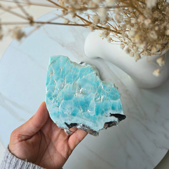 Blue Aragonite Crystal Slab Slice on Stand High Quality Pakistan - Crystals and Me | Crystal Candles and Ethically Sourced Crystals