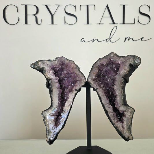 Amethyst Crystal Angel Wings Pair on Stand Brazil - Crystals and Me | Crystal Candles and Ethically Sourced Crystals