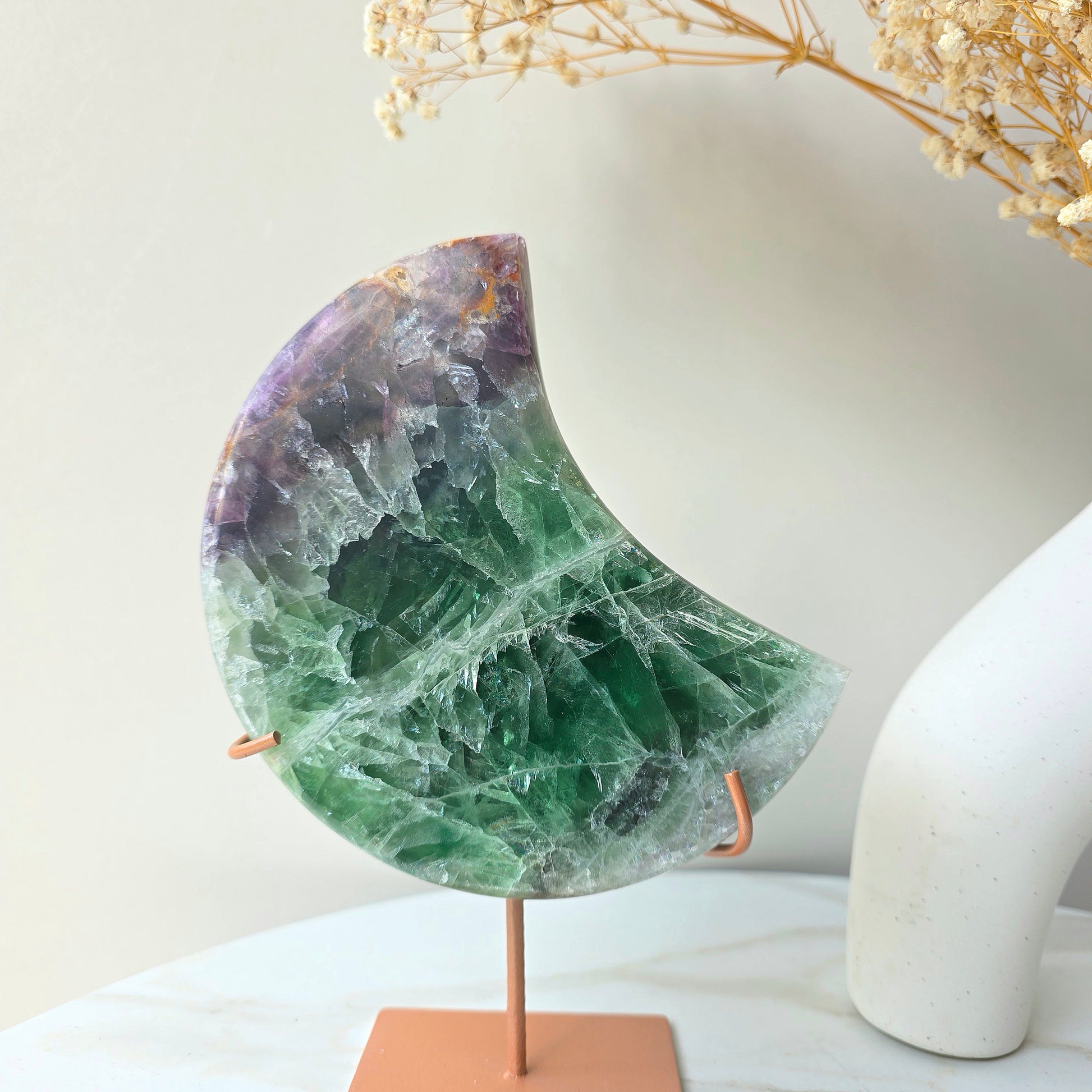Rainbow Fluorite Crystal Moon on Stand Brazil High Quality - Crystals and Me | Crystal Candles and Ethically Sourced Crystals