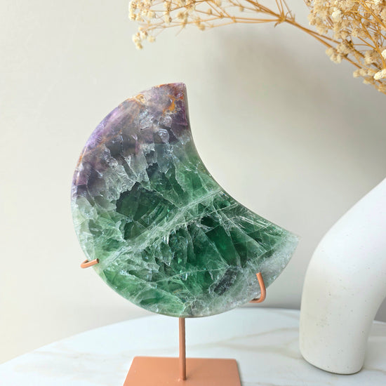 Rainbow Fluorite Crystal Moon on Stand Brazil High Quality - Crystals and Me | Crystal Candles and Ethically Sourced Crystals