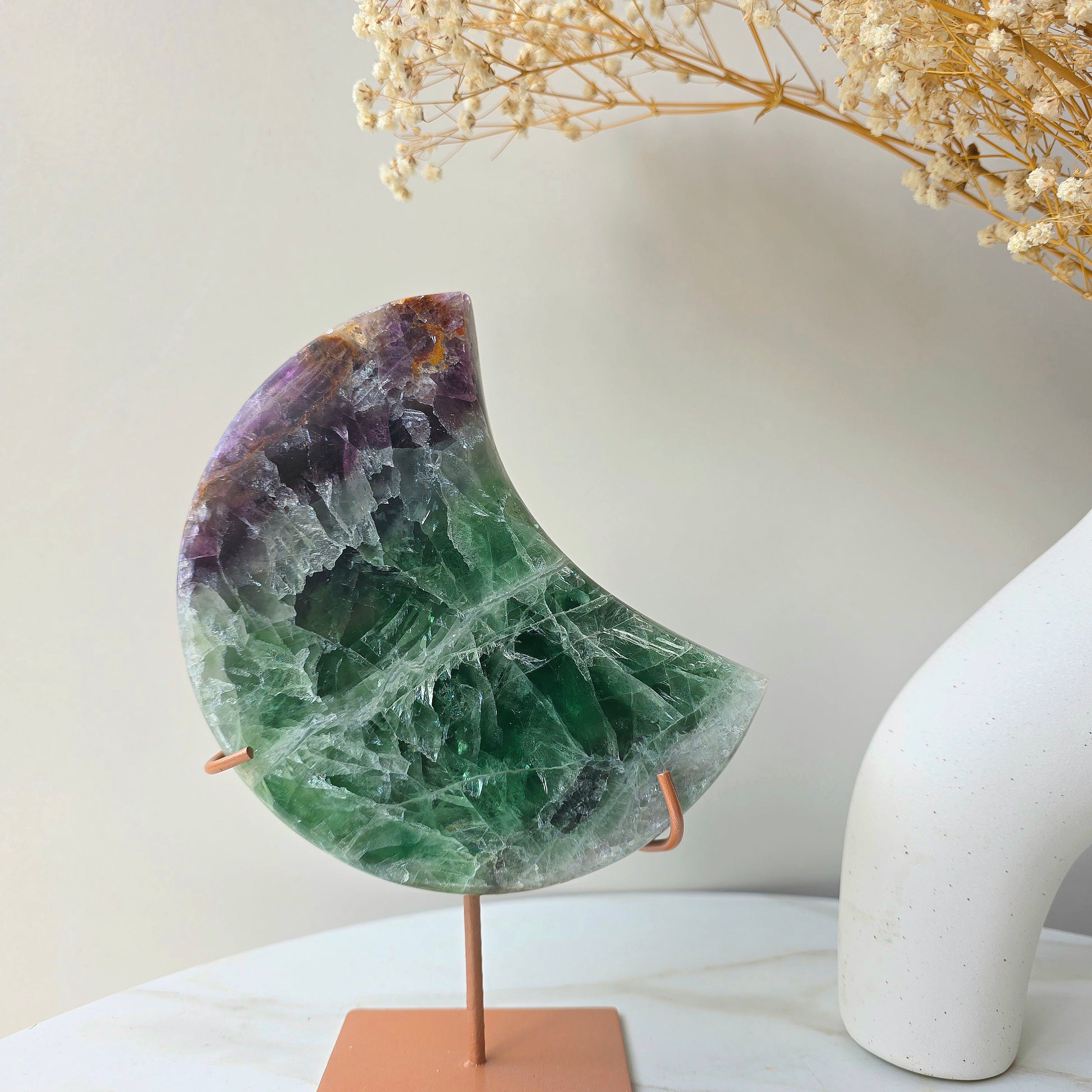 Rainbow Fluorite Crystal Moon on Stand Brazil High Quality - Crystals and Me | Crystal Candles and Ethically Sourced Crystals