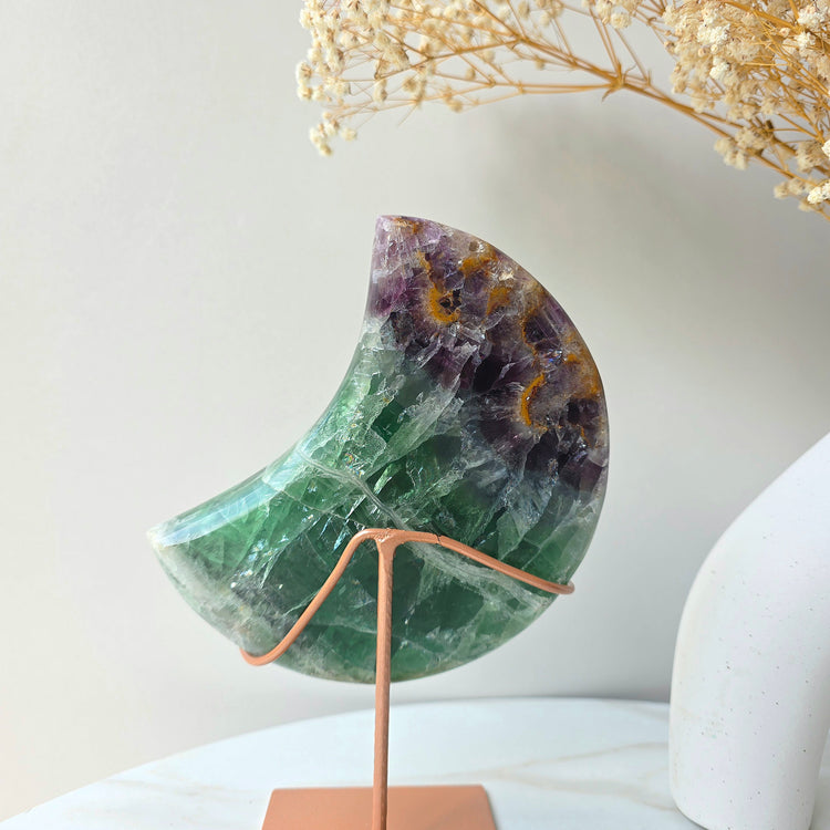 Rainbow Fluorite Crystal Moon on Stand Brazil High Quality - Crystals and Me | Crystal Candles and Ethically Sourced Crystals