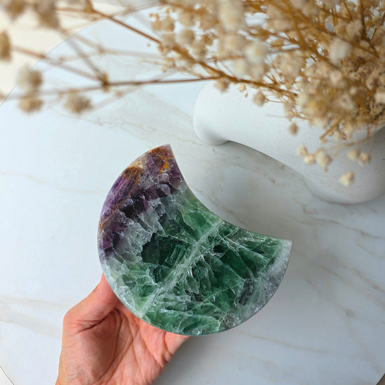 Rainbow Fluorite Crystal Moon on Stand Brazil High Quality - Crystals and Me | Crystal Candles and Ethically Sourced Crystals