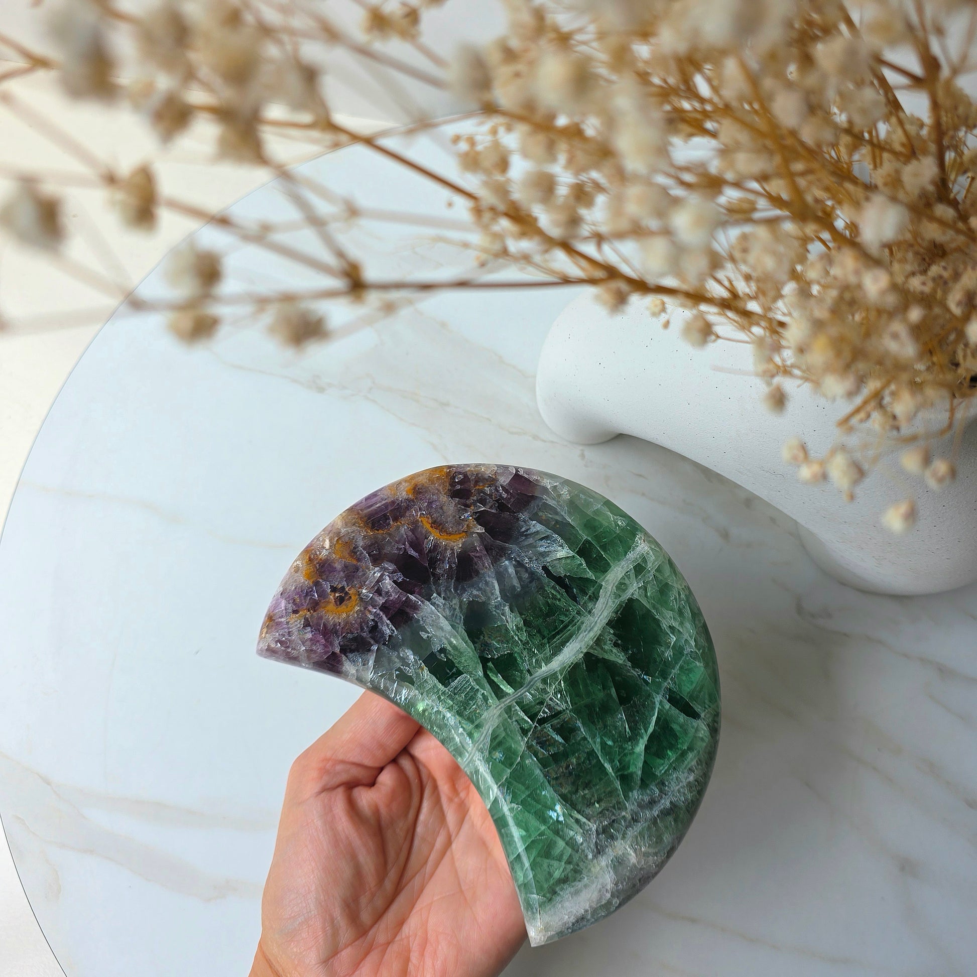Rainbow Fluorite Crystal Moon on Stand Brazil High Quality - Crystals and Me | Crystal Candles and Ethically Sourced Crystals