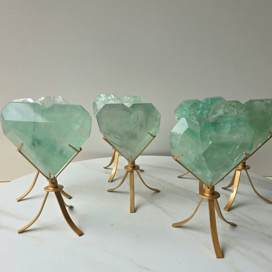 Green Fluorite Crystal Faceted Heart on Stand High Quality  China