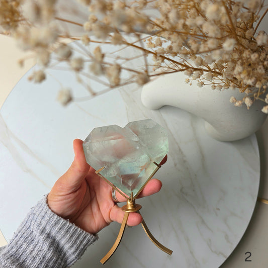 Green Fluorite Crystal Faceted Heart on Stand High Quality China