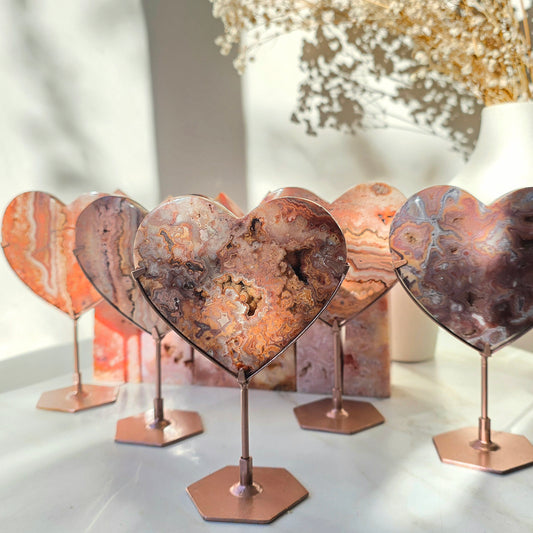 Pink Lace Agate Crystal Heart on Stand High Quality Indonesia
