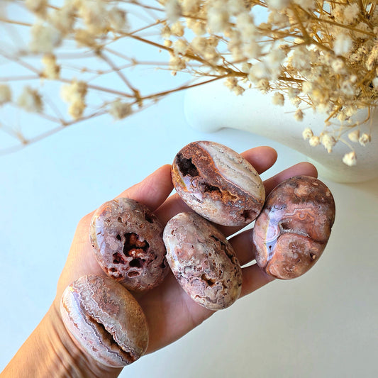 Pink Lace Agate Crystal Palmstone Indonesia - Crystals and Me | Crystal Candles and Ethically Sourced Crystals