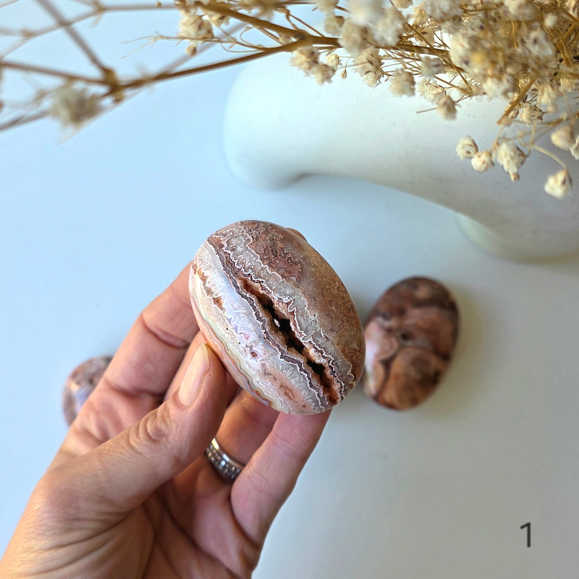 Pink Lace Agate Crystal Palmstone Indonesia - Crystals and Me | Crystal Candles and Ethically Sourced Crystals