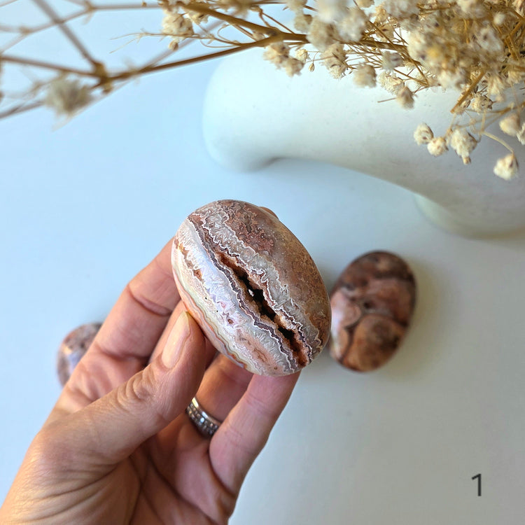 Pink Lace Agate Crystal Palmstone Indonesia - Crystals and Me | Crystal Candles and Ethically Sourced Crystals