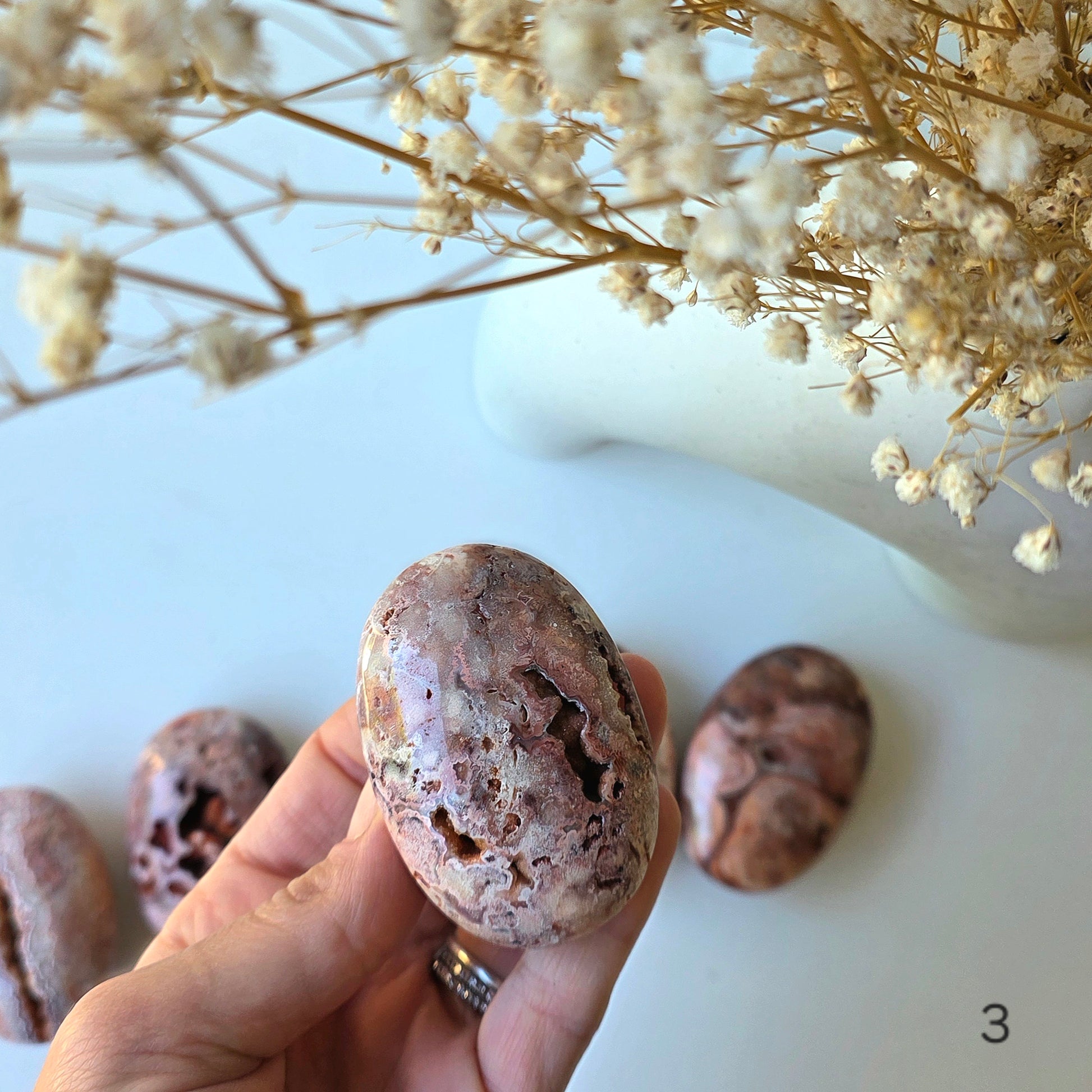 Pink Lace Agate Crystal Palmstone Indonesia - Crystals and Me | Crystal Candles and Ethically Sourced Crystals