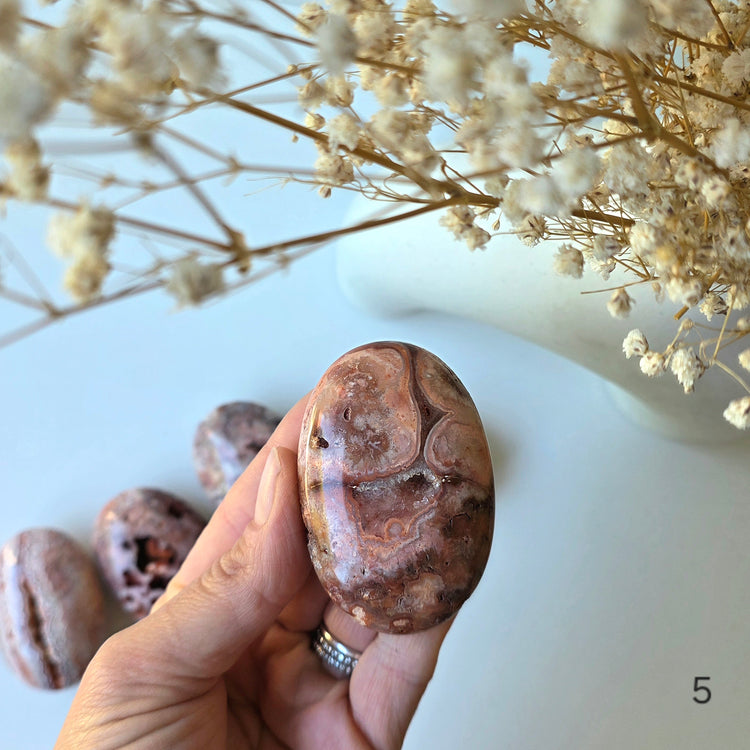 Pink Lace Agate Crystal Palmstone Indonesia - Crystals and Me | Crystal Candles and Ethically Sourced Crystals