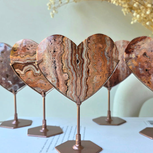 Pink Lace Agate Crystal Heart on Stand High Quality Indonesia