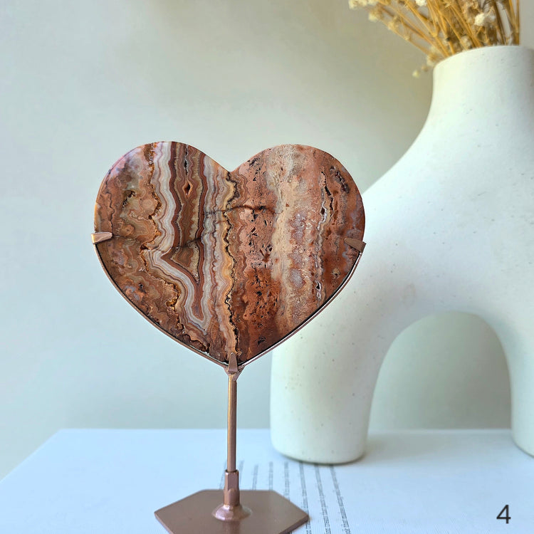 Pink Lace Agate Crystal Heart on Stand High Quality Indonesia - Crystals and Me | Crystal Candles and Ethically Sourced Crystals