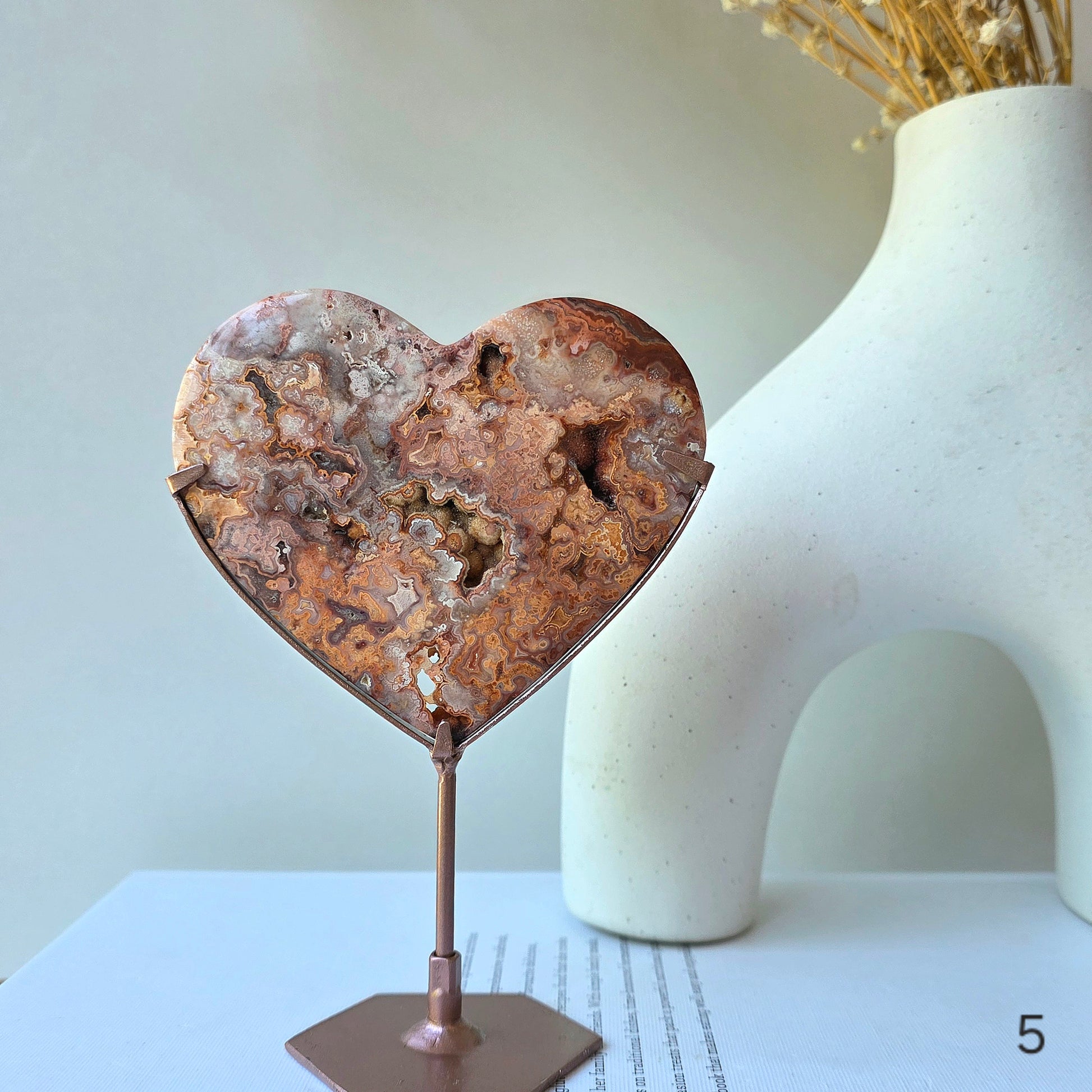 Pink Lace Agate Crystal Heart on Stand High Quality Indonesia - Crystals and Me | Crystal Candles and Ethically Sourced Crystals
