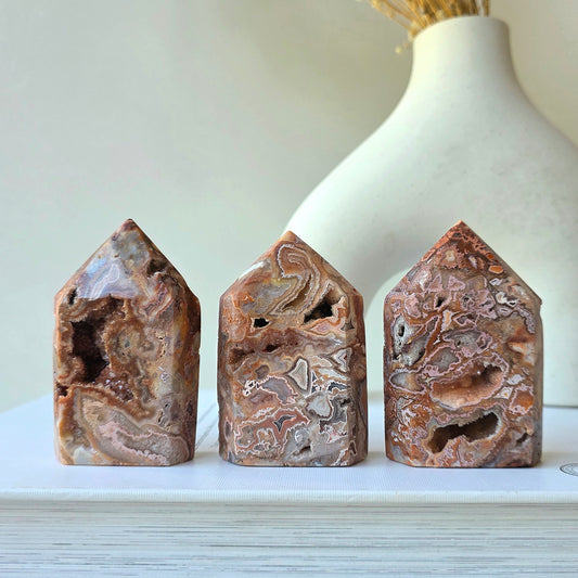 Pink Lace Agate Crystal Point Tower with Druze Medium High Quality Indonesia