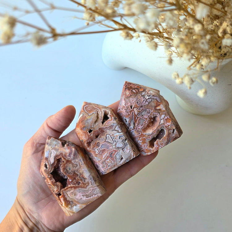 Pink Lace Agate Crystal Point Tower with Druze Medium High Quality Indonesia