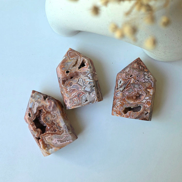 Pink Lace Agate Crystal Point Tower with Druze Medium High Quality Indonesia