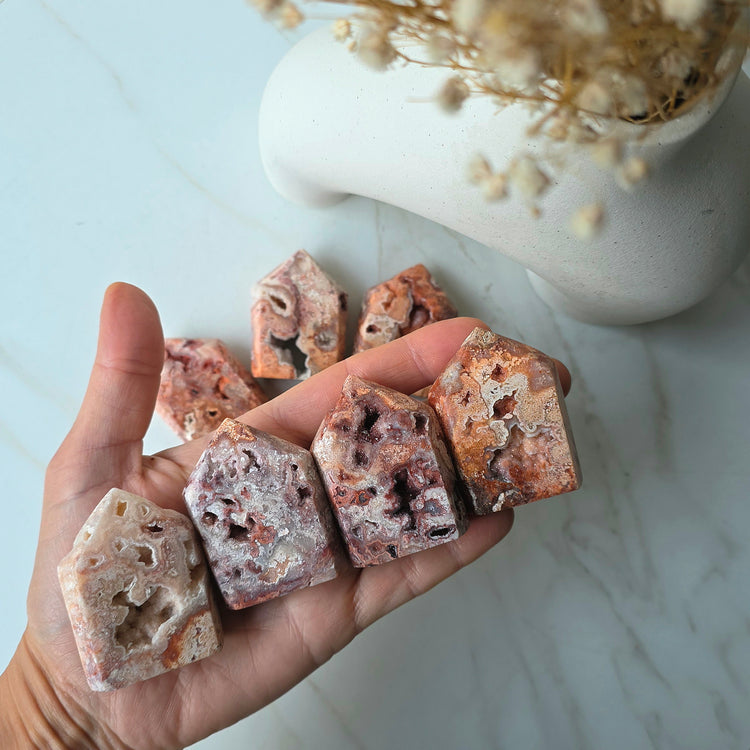 Pink Lace Agate Crystal Point Tower with Druze Small High Quality Indonesia