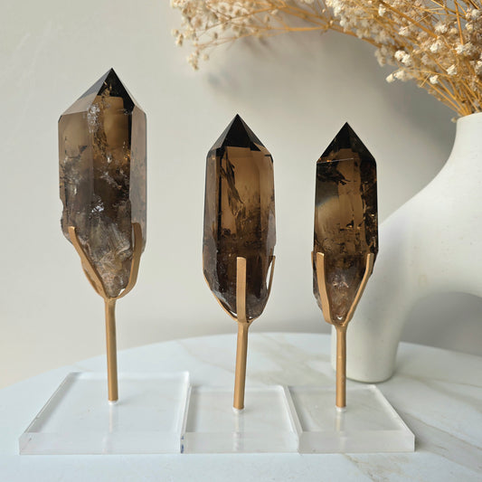 Smokey Quartz Crystal Natural Polished Point on Stand High Quality Brazil - Crystals and Me | Crystal Candles and Ethically Sourced Crystals