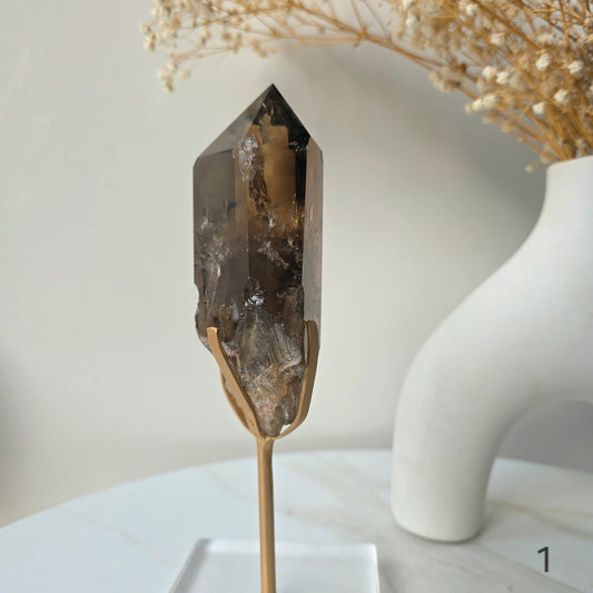 Smokey Quartz Crystal Natural Polished Point on Stand High Quality Brazil - Crystals and Me | Crystal Candles and Ethically Sourced Crystals