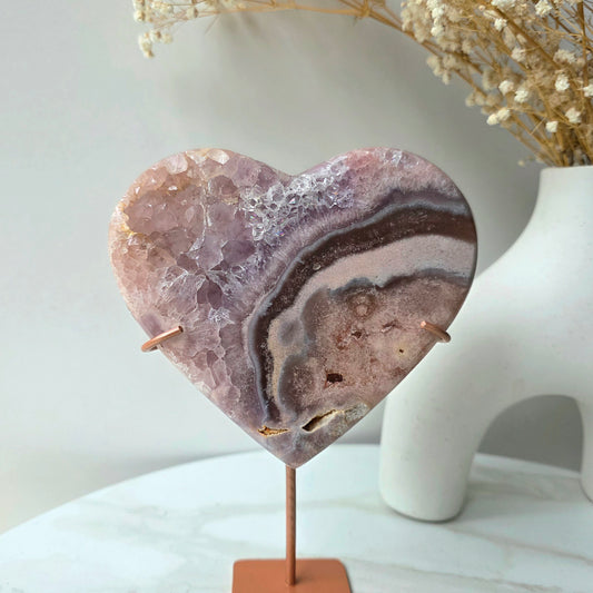 Pink Amethyst Banded Crystal Heart on Stand High Quality Brazil