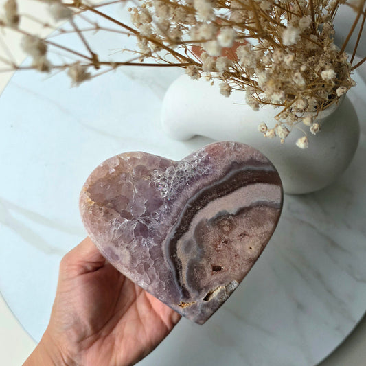 Pink Amethyst Banded Crystal Heart on Stand High Quality Brazil