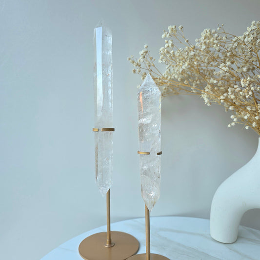 Clear Quartz Crystal Multi-Faceted Wand Point in Stand Gold Base High Quality Brazil
