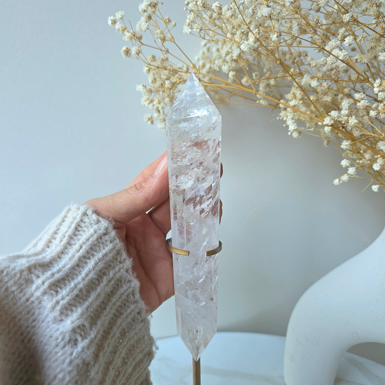 Clear Quartz Crystal Multi-Faceted Wand Point in Stand Gold Base High Quality Brazil