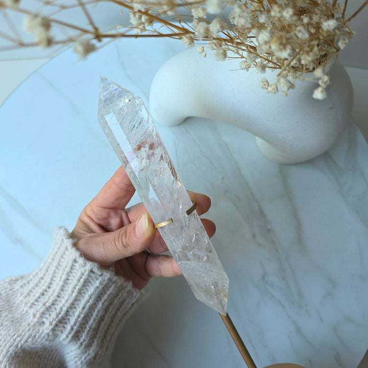Clear Quartz Crystal Multi-Faceted Wand Point in Stand Gold Base High Quality Brazil