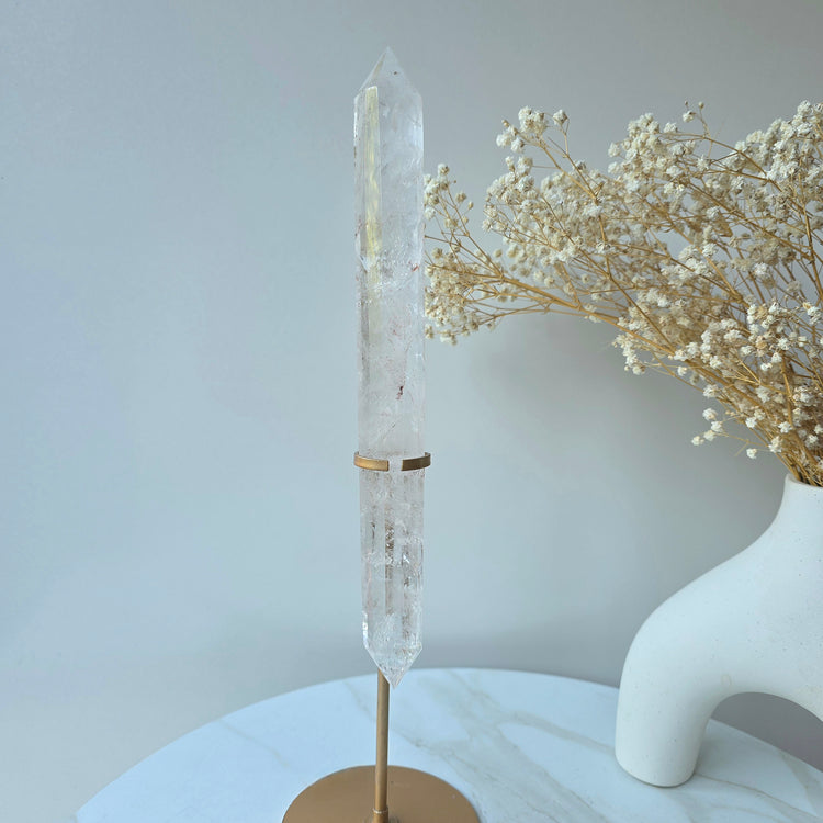 Clear Quartz Crystal Multi-Faceted Wand Point in Stand Gold Base High Quality Brazil