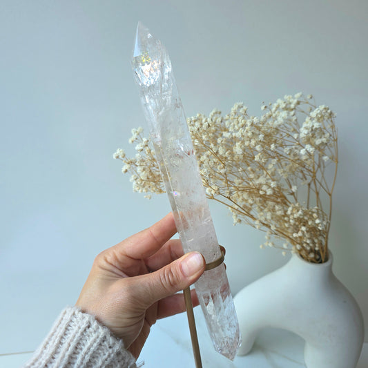 Clear Quartz Crystal Multi-Faceted Wand Point in Stand Gold Base High Quality Brazil
