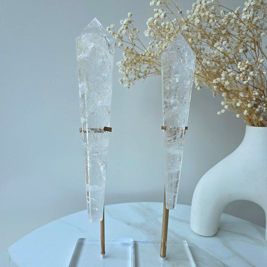 Clear Quartz Crystal Multi-Faceted Wand Point in Stand Clear Base High Quality Brazil