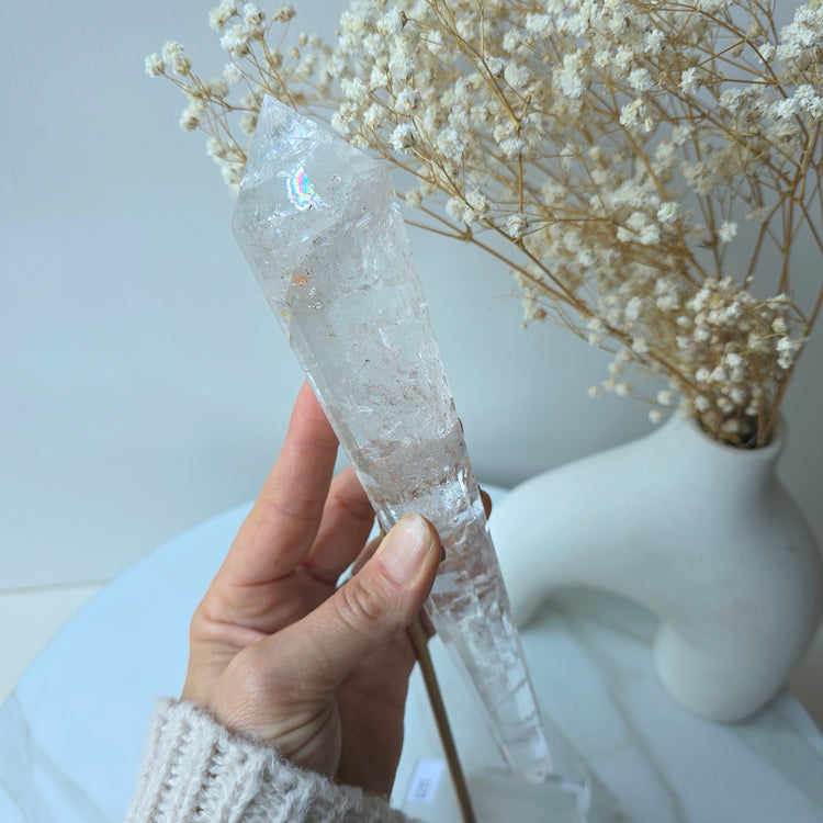 Clear Quartz Crystal Multi-Faceted Wand Point in Stand Clear Base High Quality Brazil