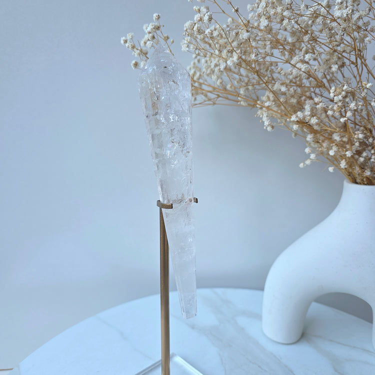 Clear Quartz Crystal Multi-Faceted Wand Point in Stand Clear Base High Quality Brazil
