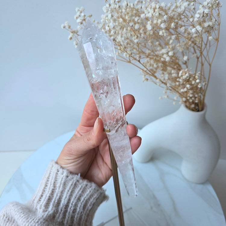 Clear Quartz Crystal Multi-Faceted Wand Point in Stand Clear Base High Quality Brazil