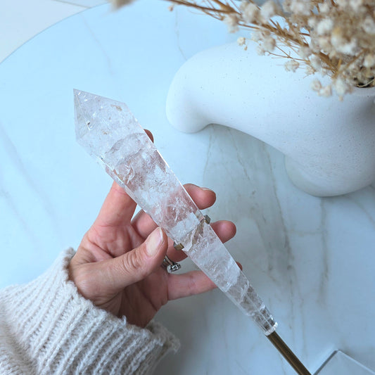 Clear Quartz Crystal Multi-Faceted Wand Point in Stand Clear Base High Quality Brazil